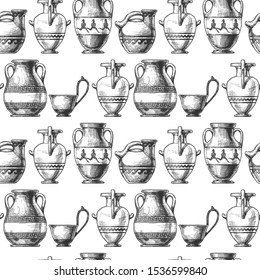 Seamless pattern with ancient greek vases. Vector illustration in vintage engraved style. Types of vases: Askos (pottery vessel), hydria, amphora, pelike, kyathos. Typology of Greek vase shapes.