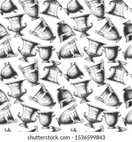 Seamless pattern with ancient greek vases. Vector illustration in vintage engraved style. Forms of craters: column krater, volute krater, calyx krater and bell krater. Typology of Greek wine vessel sh