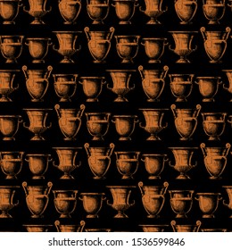 Seamless pattern with ancient greek vases. Vector illustration in vintage engraved style. Forms of craters: column krater, volute krater, calyx krater and bell krater. Typology of Greek wine vessel sh
