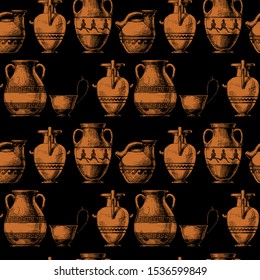 Seamless pattern with ancient greek vases. Vector illustration in vintage engraved style. Types of vases: Askos (pottery vessel), hydria, amphora, pelike, kyathos. Typology of Greek vase shapes.