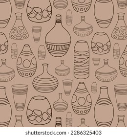 Seamless pattern with ancient Greek vases. Decorative seamless Vector illustration. Egyptian pattern. Antique ceramic art. Cartoon ethnic vintage decor.