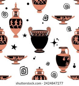 Patrón sin fisuras con antiguos jarrones griegos. Arte antiguo de cerámica. Ilustración vectorial. Fondo blanco.