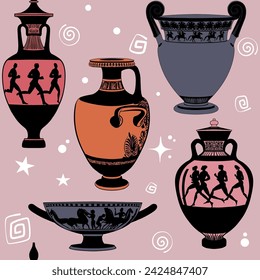 Seamless pattern with ancient Greek vases. Antique ceramic art. Vector illustration. Pink background.