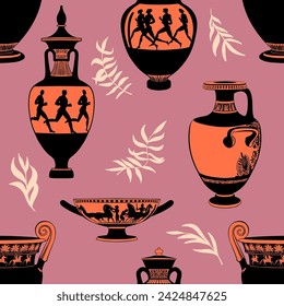 Seamless pattern with ancient Greek vases. Antique ceramic art. Vector illustration. Pink background.