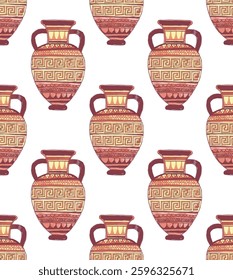 Seamless pattern with ancient Greek vases. Antique ceramic art. Vector illustration. Color background.