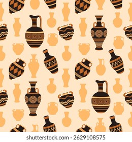 Seamless pattern with ancient Greek vases. Decorative seamless  Egyptian pattern. Antique ceramic art. Cartoon ethnic vintage decor. Vector illustration. 