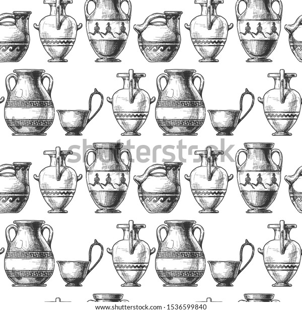 Seamless Pattern Ancient Greek Vases Vector Stock Vector Royalty