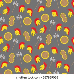 Seamless pattern with ancient greek weapons and helmets. Vector illustration