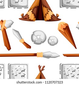 Seamless pattern. Ancient man hut. Prehistoric house from skins leather. Stone age tools and rock painting. Flat style design. Vector illustration on white background.