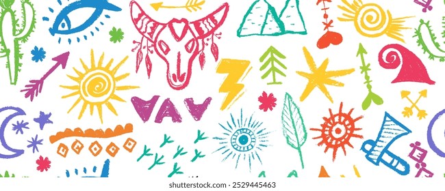Seamless pattern  with ancient native american boho indian tribal esoteric isolated set doodles. Vector flat graphic design illustration. Isolated colored flat vector boho symbols illustrations. 