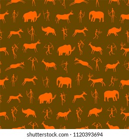 Seamless pattern. Ancient rock drawing with primitive people and prehistoric animals. The Paleolithic era. vector illustration