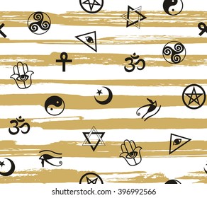 Seamless pattern with ancient sacral symbols on the striped background. Egyptian, hermetic, religious and magic symbols. Vector background.