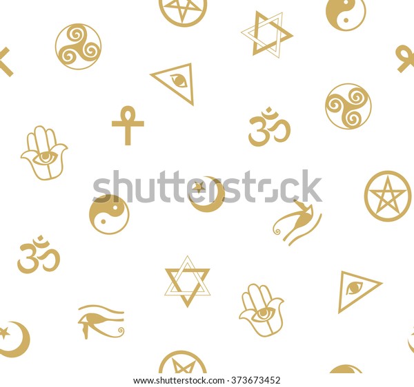 Seamless pattern\
with ancient sacral symbols. Egyptian, hermetic, religious and\
magic symbols. Vector\
background.