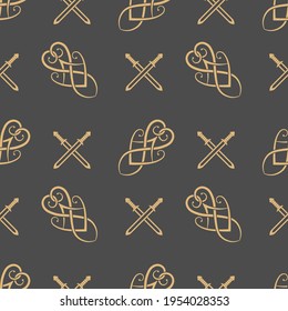 Seamless pattern of ancient Scandinavian symbols and signs. Mythological ornament.Background from elements of old runes. Surface for textiles, paper, wallpaper, industrial items.Vector illustration. 