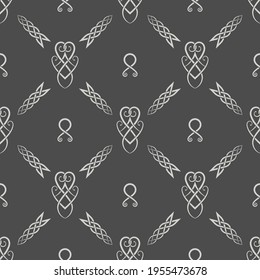 Seamless pattern of ancient Scandinavian symbols and signs. Mythological ornament.Background from elements of old runes. Surface for textiles, paper, wallpaper, industrial items.Vector illustration. 