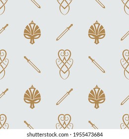 Seamless pattern of ancient Scandinavian symbols and signs. Mythological ornament.Background from elements of old runes. Surface for textiles, paper, wallpaper, industrial items.Vector illustration. 