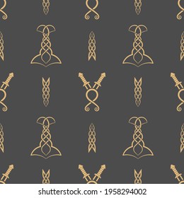 Seamless pattern of ancient Scandinavian symbols and signs. Mythological ornament.Background from elements of old runes. Surface for textiles, paper, wallpaper, industrial items.Vector illustration. 