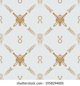 Seamless pattern of ancient Scandinavian symbols and signs. Mythological ornament.Background from elements of old runes. Surface for textiles, paper, wallpaper, industrial items.Vector illustration. 