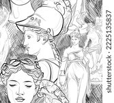 Seamless pattern with ancient sculpture. Graphic drawing. Vector illustration.