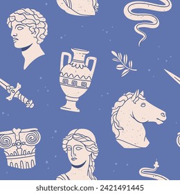 Seamless pattern ancient sculptures. Background with museum antique sculptures and objects. Greek mythological character, trendy statues and elements. Vector wallpaper. Classical building columns