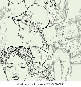 Patrón inmaculado con esculturas antiguas, estatuas y bustos. Fondo decorativo. Ilustración vectorial.