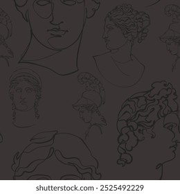 Seamless pattern with ancient sculptures and statues. Decorative dark background. Vector illustration.