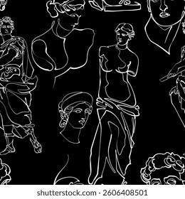 Seamless pattern with ancient sculptures and statues. Vector illustration.