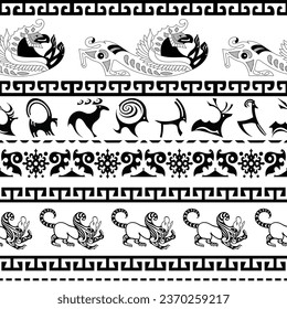 Nahtlose Muster, antike szythische Kunst und Petroglyphen, ethnisches Thema, Vektordesign