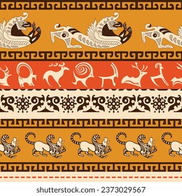 Seamless pattern, ancient Scythian art and petroglyphs, ethnic theme, vector design