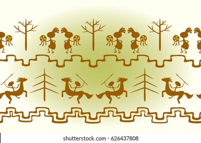Seamless pattern with ancient shaman and hunter. EPS10 vector illustration