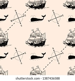 Seamless pattern with ancient ship floating on the sea wave, cartoon whale on sepia background. Use for printing on textiles, t-shirt, cards, wrapping paper, poster, fabric print. Vector illustration.