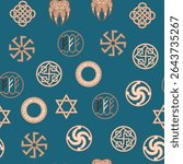 Seamless pattern ancient Slavic symbols. Star of the arkgamma, kolovrat, trixel, valknut, celtic cross and other Slavic symbol, decorated with ornament in a wreath of Scandinavian weaving
