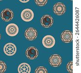 Seamless pattern ancient Slavic symbols. Star of the arkgamma, kolovrat, trixel, valknut, celtic cross and other Slavic symbol, decorated with ornament in a wreath of Scandinavian weaving