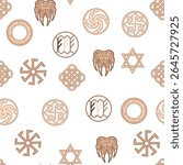 Seamless pattern ancient Slavic symbols. Star of the arkgamma, kolovrat, trixel, valknut, celtic cross and other Slavic symbol, decorated with ornament in a wreath of Scandinavian weaving