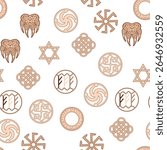 Seamless pattern ancient Slavic symbols. Star of the arkgamma, kolovrat, trixel, valknut, celtic cross and other Slavic symbol, decorated with ornament in a wreath of Scandinavian weaving