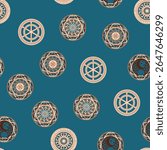 Seamless pattern ancient Slavic symbols. Star of the arkgamma, kolovrat, trixel, valknut, celtic cross and other Slavic symbol, decorated with ornament in a wreath of Scandinavian weaving