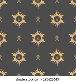 Seamless pattern of ancient Slavic symbols and signs. Mythological ornament.Background from elements of old runes. Surface for textiles, paper, wallpaper, industrial items.Vector illustration. 
