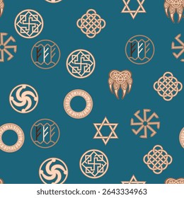 Padrão contínuo símbolos eslavos antigos. Estrela do arkgamma, kolovrat, trixel, valknut, cruz celta e outro símbolo eslavo, decorado com ornamento em uma grinalda de tecelagem escandinava