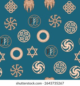 Seamless pattern ancient Slavic symbols. Star of the arkgamma, kolovrat, trixel, valknut, celtic cross and other Slavic symbol, decorated with ornament in a wreath of Scandinavian weaving