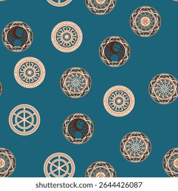 Seamless pattern ancient Slavic symbols. Star of the arkgamma, kolovrat, trixel, valknut, celtic cross and other Slavic symbol, decorated with ornament in a wreath of Scandinavian weaving