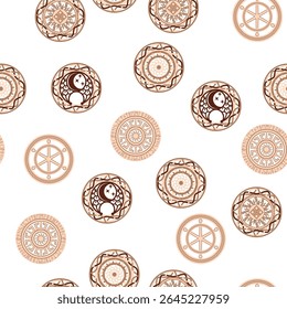 Seamless pattern ancient Slavic symbols. Star of the arkgamma, kolovrat, trixel, valknut, celtic cross and other Slavic symbol, decorated with ornament in a wreath of Scandinavian weaving