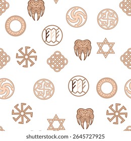 Seamless pattern ancient Slavic symbols. Star of the arkgamma, kolovrat, trixel, valknut, celtic cross and other Slavic symbol, decorated with ornament in a wreath of Scandinavian weaving