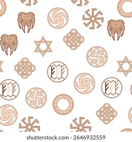 Seamless pattern ancient Slavic symbols. Star of the arkgamma, kolovrat, trixel, valknut, celtic cross and other Slavic symbol, decorated with ornament in a wreath of Scandinavian weaving