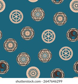 Seamless pattern ancient Slavic symbols. Star of the arkgamma, kolovrat, trixel, valknut, celtic cross and other Slavic symbol, decorated with ornament in a wreath of Scandinavian weaving