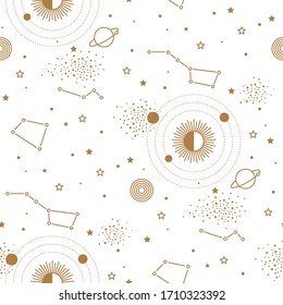 Seamless pattern with ancient space map. Gold planets in orbits around the sun among stars and constellations on a white background. Vintage style texture for wallpaper, packaging, fabric and textile.