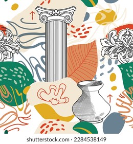Seamless pattern with ancient statues. Ancient Greek sculpture elements, harp, hipster trendy style background, branches, column capitals. Decor textile, wrapping paper wallpaper vector print
