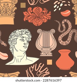 Seamless pattern with ancient statues. Ancient Greek sculpture elements, harp, hipster trendy style background, branches, column capitals. Decor textile, wrapping paper wallpaper vector print