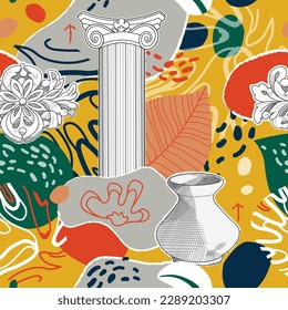 Seamless pattern with ancient statues. Ancient Greek sculpture elements, harp, hipster trendy style background, branches, column capitals. Decor textile, wrapping paper wallpaper vector print