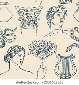 Seamless pattern with ancient statues. Ancient Greek sculpture elements, snake, David, harp, column capitals. Monochrome textile, wrapping paper, wallpaper print. Classical art background