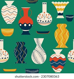 Seamless pattern with ancient statues. Ancient Greek pottery elements, vases, amphoras. Hipster trendy style background. Decor textile, wrapping paper wallpaper vector print